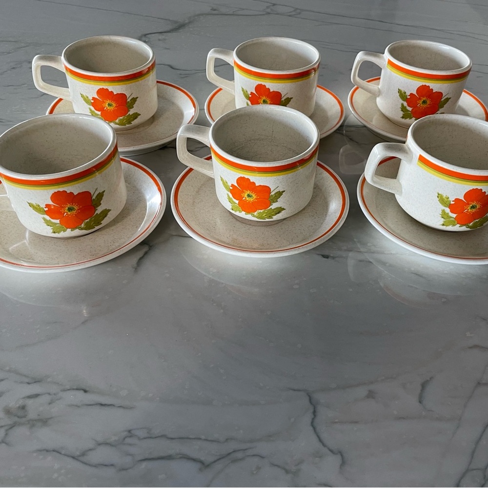 Lenox Fire Flower Temper-Ware, Cup and Saucer, Vintage 70’s-Set Of 6